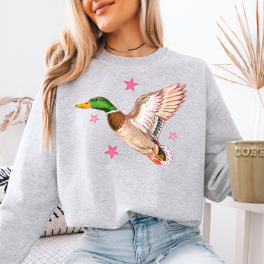 Flying Mallard Duck with Pink Stars DTF Transfer DTF Heat Press Transfer from Sweet Tee Transfers