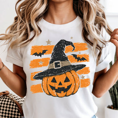 Retro Brushstroke Jack o Lantern with Witch Hat DTF Transfer DTF Heat Press Transfer from Sweet Tee Transfers