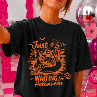 Just Waiting for Halloween Skeleton DTF Transfer DTF Heat Press Transfer from Sweet Tee Transfers