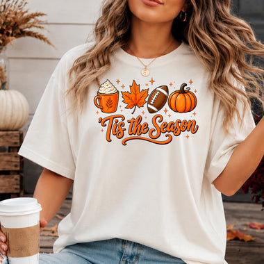 Tis the Season Football Pumpkin Leaf Drink DTF Transfer DTF Heat Press Transfer from Sweet Tee Transfers
