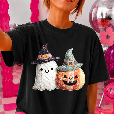 Patchwork Ghost and Pumpkin DTF Transfer DTF Heat Press Transfer from Sweet Tee Transfers