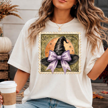 Retro Halloween Stamp Witches Hat Purple Bow DTF Transfer DTF Heat Press Transfer from Sweet Tee Transfers