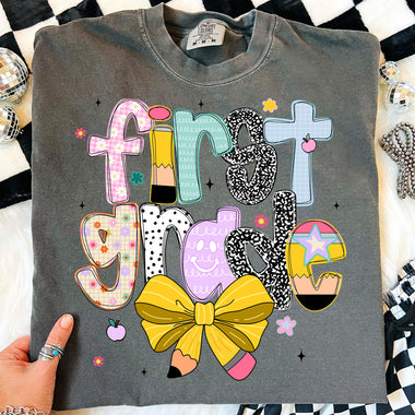 Back to School Pencil Bow First Grade DTF Transfer DTF Heat Press Transfer from Sweet Tee Transfers