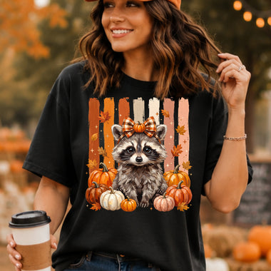 Preppy Fall Raccoon with Pumpkins DTF Transfer DTF Heat Press Transfer from Sweet Tee Transfers