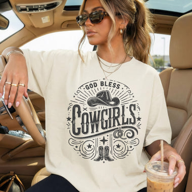 God Bless Cowgirls Boots Dark DTF Transfer DTF Heat Press Transfer from Sweet Tee Transfers
