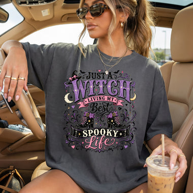 Just a Witch Living My Best Spooky Life DTF Transfer DTF Heat Press Transfer from Sweet Tee Transfers