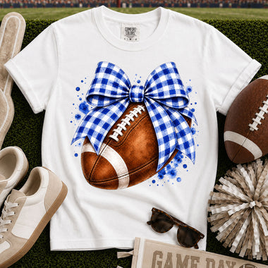 Blue and White Gingham Bow Football DTF Transfer DTF Heat Press Transfer from Sweet Tee Transfers