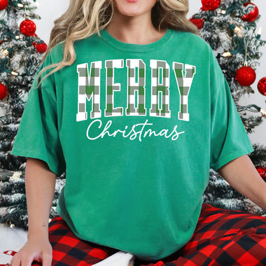 Merry Christmas Varsity Green Checkered DTF Transfer DTF Heat Press Transfer from Sweet Tee Transfers