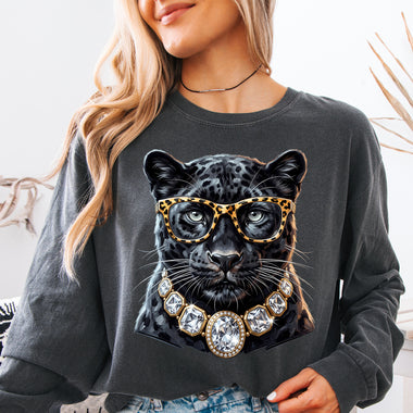 Glam Black Panther with Leopard Glasses and Diamond Necklace DTF Transfer DTF Heat Press Transfer from Sweet Tee Transfers