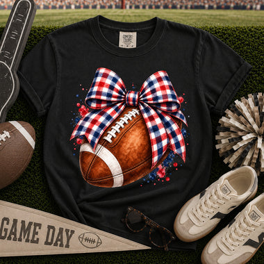 Red and Blue Gingham Bow Football DTF Transfer DTF Heat Press Transfer from Sweet Tee Transfers