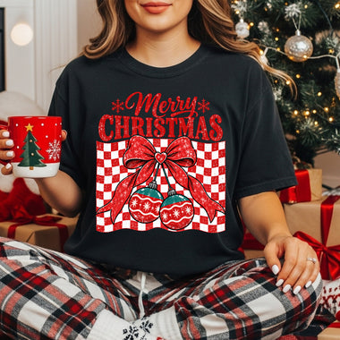 Merry Christmas Checkered Bow Ornament DTF Transfer DTF Heat Press Transfer from Sweet Tee Transfers