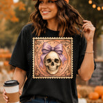 Retro Halloween Stamp Skeleton with Purple Bow DTF Transfer DTF Heat Press Transfer from Sweet Tee Transfers