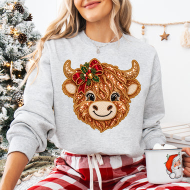 Faux Sequin Highland Christmas Cow DTF Transfer DTF Heat Press Transfer from Sweet Tee Transfers