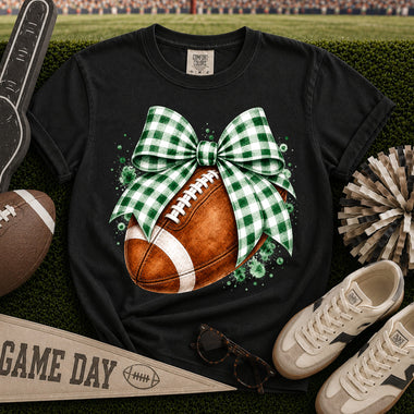 Green and White Gingham Bow Football DTF Transfer DTF Heat Press Transfer from Sweet Tee Transfers