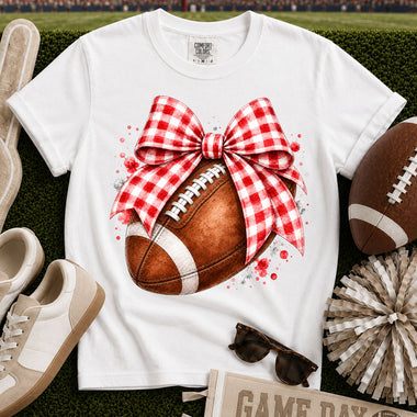 Red and White Gingham Bow Football DTF Transfer DTF Heat Press Transfer from Sweet Tee Transfers