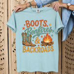 Boots, Bonfires, and Backroads DTF Transfer DTF Heat Press Transfer from Sweet Tee Transfers