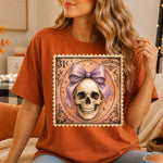 Retro Halloween Stamp Skeleton with Purple Bow DTF Transfer DTF Heat Press Transfer from Sweet Tee Transfers