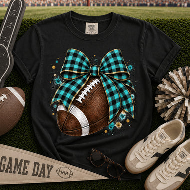 Teal and Black Gingham Bow Football DTF Transfer DTF Heat Press Transfer from Sweet Tee Transfers