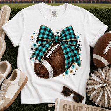 Teal and Black Gingham Bow Football DTF Transfer DTF Heat Press Transfer from Sweet Tee Transfers