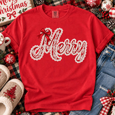 Lace Merry Christmas Faux Embroidery DTF Transfer DTF Heat Press Transfer from Sweet Tee Transfers