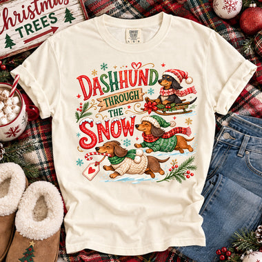 Christmas Dachshund Through the Snow DTF Transfer DTF Heat Press Transfer from Sweet Tee Transfers