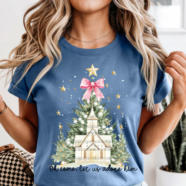 Oh Come Let Us Adore Him White Church DTF Transfer DTF Heat Press Transfer from Sweet Tee Transfers
