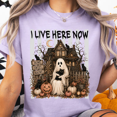 I Live Here Now Ghost Haunted House DTF Transfer DTF Heat Press Transfer from Sweet Tee Transfers