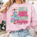 Just a Girl Who Loves Christmas Teal Pink DTF Transfer DTF Heat Press Transfer from Sweet Tee Transfers