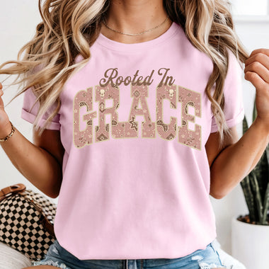 Rooted in Grace Pink DTF Transfer DTF Heat Press Transfer from Sweet Tee Transfers