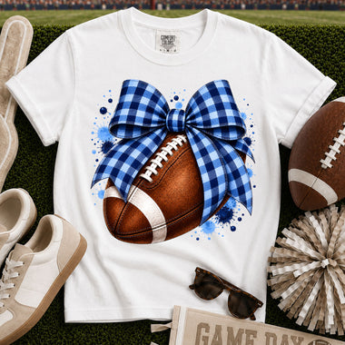 Blue Gingham Bow Football DTF Transfer DTF Heat Press Transfer from Sweet Tee Transfers