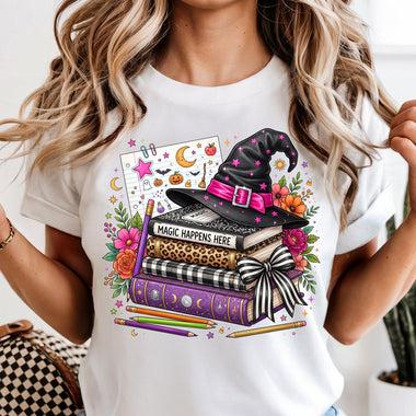 Halloween Book Stack Magic Happens Here DTF Transfer DTF Heat Press Transfer from Sweet Tee Transfers