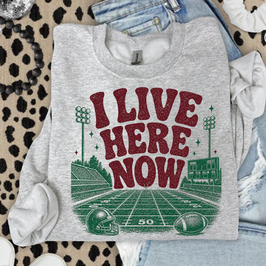 I Live Here Now Football Maroon DTF Transfer DTF Heat Press Transfer from Sweet Tee Transfers