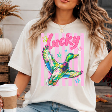 Lucky Duck Pink Striped DTF Transfer DTF Heat Press Transfer from Sweet Tee Transfers