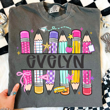 Pink Pencils Split Name Personalized School DTF Transfer DTF Heat Press Transfer from Sweet Tee Transfers
