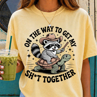 On the Way to Get My Sh*t Together Raccoon Riding Turtle DTF Transfer DTF Heat Press Transfer from Sweet Tee Transfers