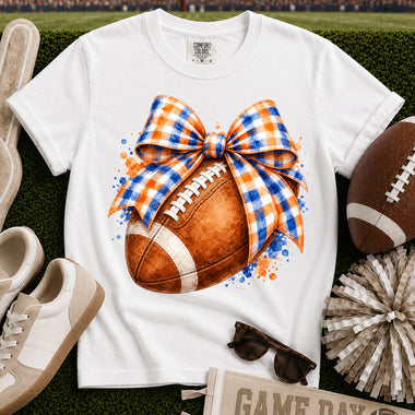 Orange and Blue Gingham Bow Football DTF Transfer DTF Heat Press Transfer from Sweet Tee Transfers