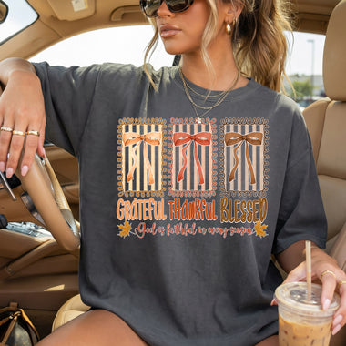 Grateful Thankful Blessed Bows DTF Transfer DTF Heat Press Transfer from Sweet Tee Transfers
