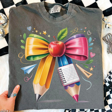 Color Pencil Bow with Apple DTF Transfer DTF Heat Press Transfer from Sweet Tee Transfers