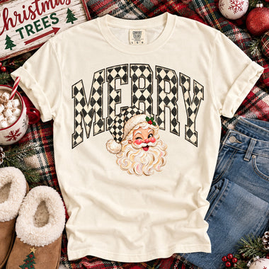 Merry Black and White Checkered Santa DTF Transfer DTF Heat Press Transfer from Sweet Tee Transfers