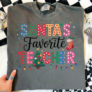 Santa's Favorite Teacher in Christmas Lights DTF Transfer DTF Heat Press Transfer from Sweet Tee Transfers