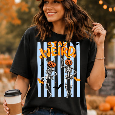Stay Weird Skelly Pumpkin Head Striped DTF Transfer DTF Heat Press Transfer from Sweet Tee Transfers