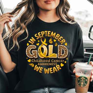 In September We Wear Gold Childhood Cancer Awareness DTF Transfer DTF Heat Press Transfer from Sweet Tee Transfers