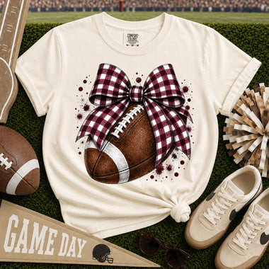 Maroon and White Gingham Bow Football DTF Transfer DTF Heat Press Transfer from Sweet Tee Transfers