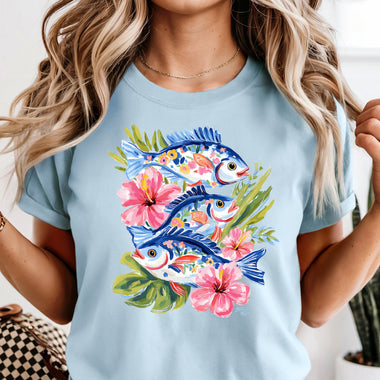 Blue Floral Fish DTF Transfer