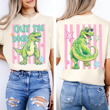 Out The Door Dinosaur 2 part DTF Transfer pink lines