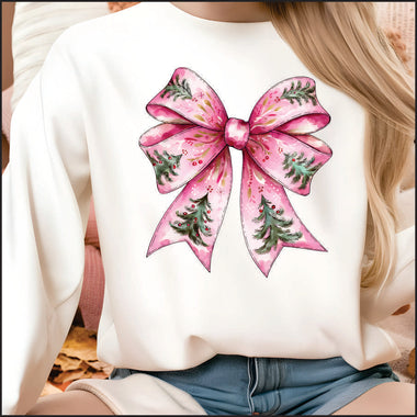 Pink Bow with Christmas Trees DTF Transfer