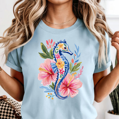 Blue Floral Seahorse DTF Transfer