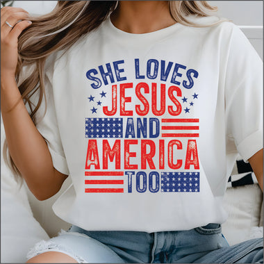 She Loves Jesus & America DTF Transfer