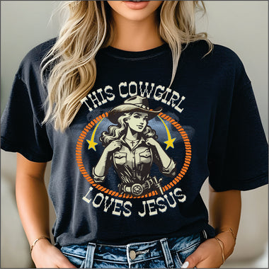 This Cowgirl loves Jesus white Print DTF Transfer