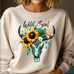 Wild Soul Bull Skull Sunflowers and Turquoise DTF Transfer